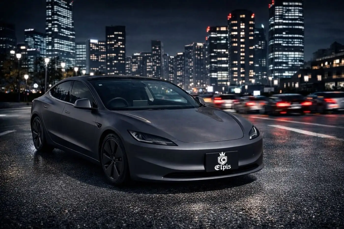 マットグレーにフルラッピングされたTesla Model 3